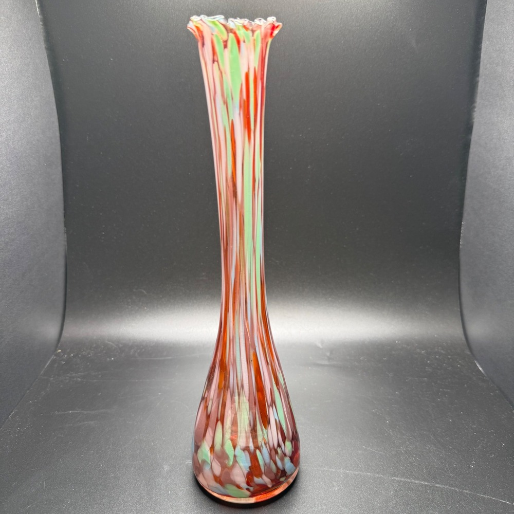 Vintage Art Glass Bud Vase Red Green White Confetti Striped Ruffled Rim 11 inch